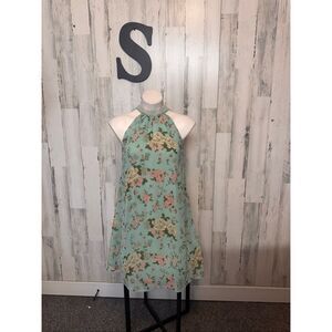 Love Chesley Mint Floral Halter Dress Flowy Sleeveless Mini Size S